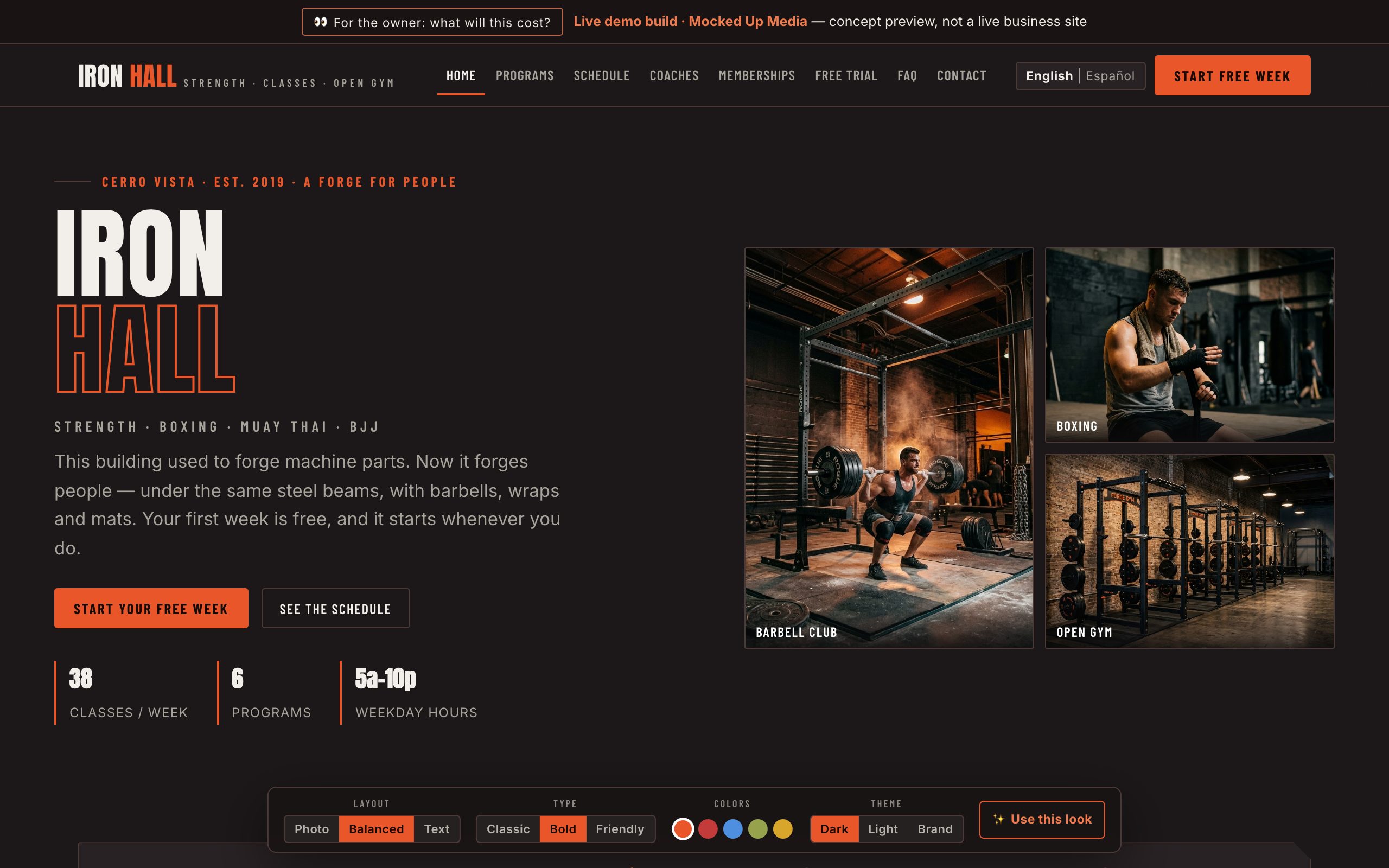 IRON HALL sample gym website